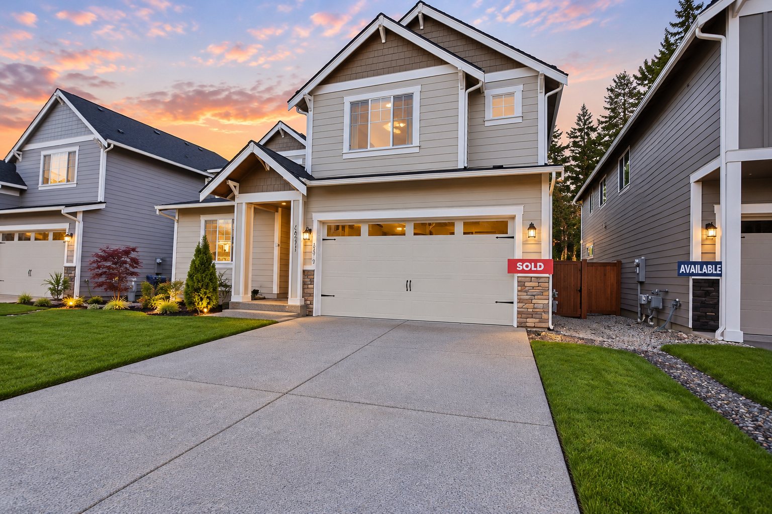 Craftsman-style new construction home at sunset with a Sold sign by the garage